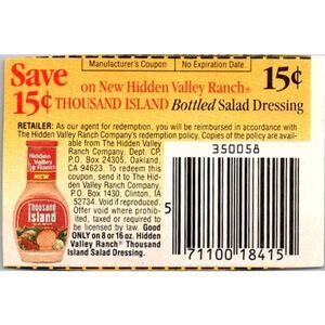 Save 15¢ On Hidden Valley Ranch Thousand Island Clinton IA 1980s Coupon SAI1-M5